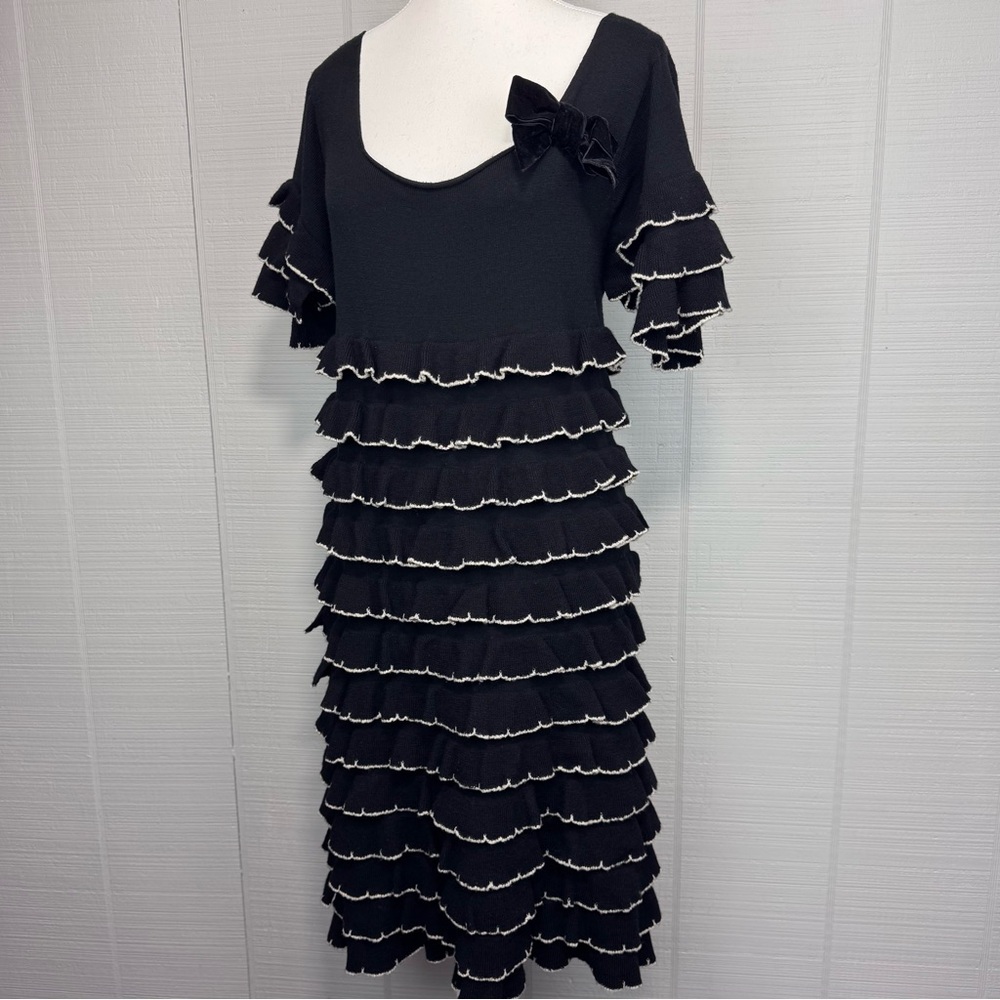 NWT Twin-Set Black Ruffle White Trim Sweater Dress Layered Bow Accent Coquette